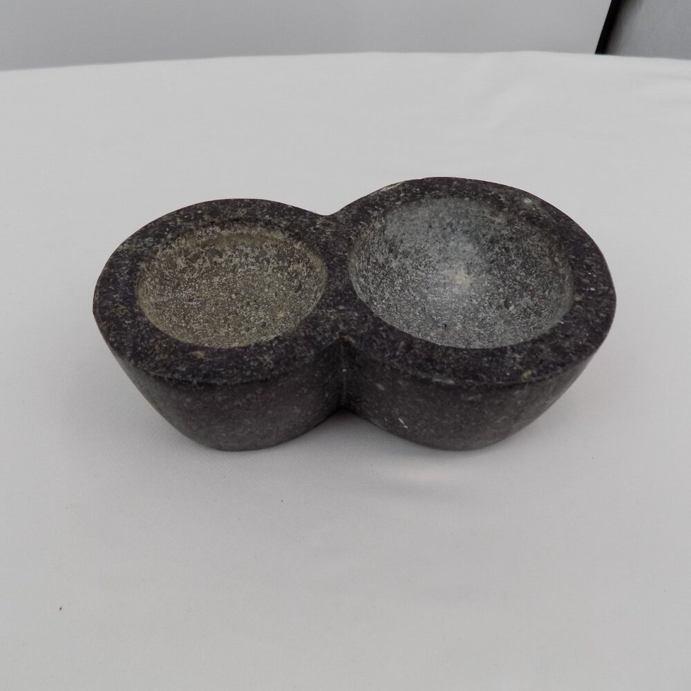 Black Granite Salt Pepper Spice Dual Bowl 5.5" long 2" tall 3.5" wide Mortar